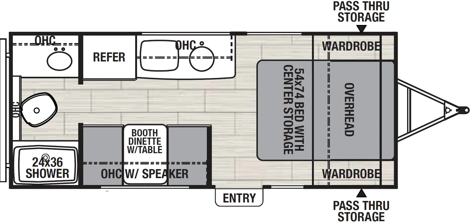 The 18RBB has zero slideouts and one entry. Exterior features front pass-thru storage. Interior layout front to back: foot-facing bed with center storage, overhead cabinet and wardrobes on each side; off-door side kitchen counter with sink, cooktop, overhead cabinet, and refrigerator; door side entry, and booth dinette with table and overhead cabinet with speaker; rear full bathroom.